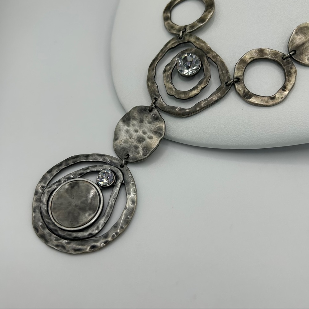 Brutalist Style Hammered Silver-Tone Y Necklace with Crystal Accents